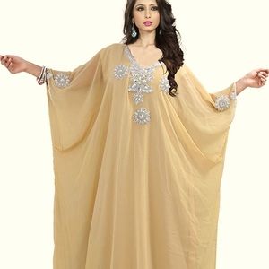 NEW Beige Jeweled Kaftan/Abaya Chiffon Dress Arabic Ethnic Swim Coverup